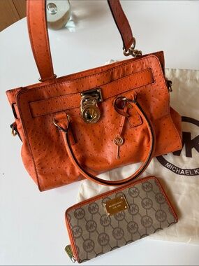 Michael Kors Hamilton Ostrich Leather Handbag Tangerine Purse + wallet & dustbag